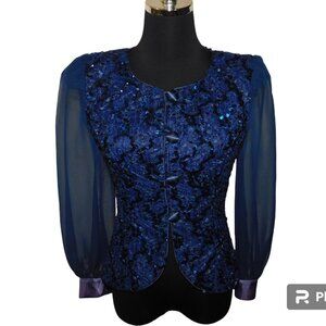Saks Fifth Avenue Vintage Sequin Evening Blouse With Sheer Sleeves Size 4